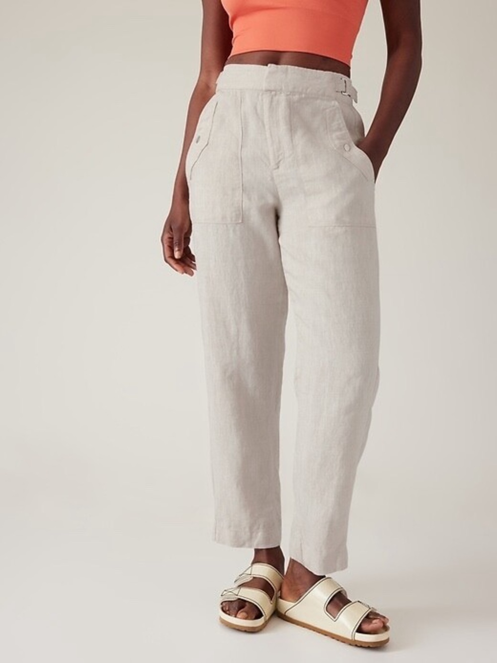 Athleta 100% Linen Pants Size 6 Beige Cinch Waist Pocket Casual Resortwear